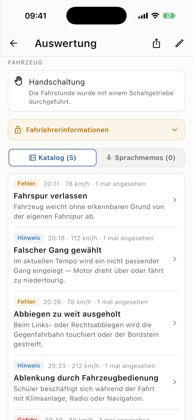 RoadReview Fehlerliste einer Fahrstunde mit Erklärungen und Schweregrad