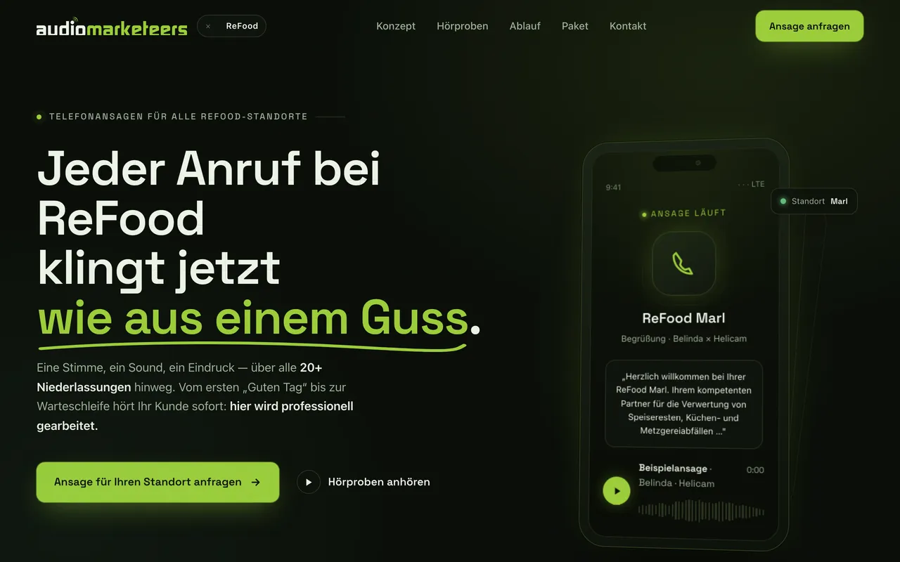 Neue Website-Manufaktur-Landingpage für das ReFood-Projekt von audiomarketeers: „Jeder Anruf klingt jetzt wie aus einem Guss.“.