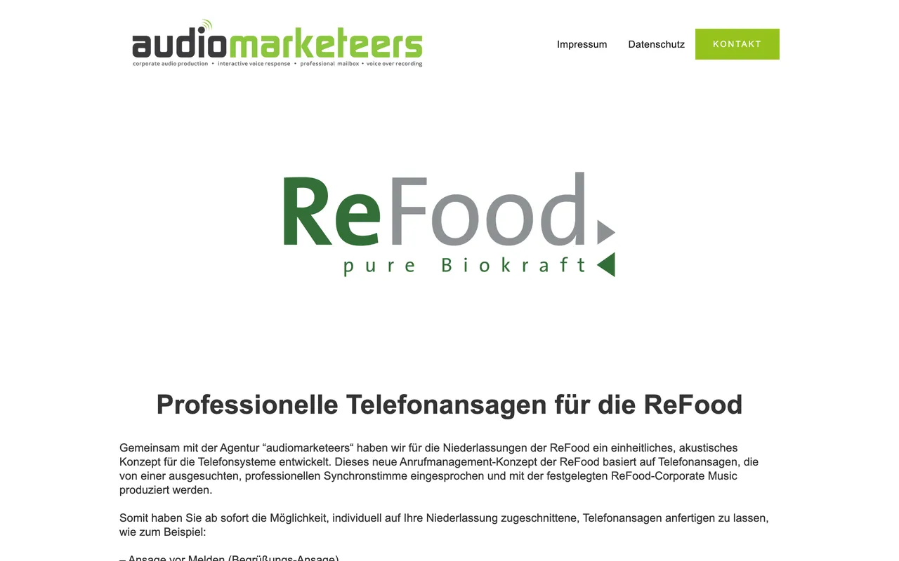 Bisherige Webflow-Landingpage der audiomarketeers GmbH für ReFood: „Professionelle Telefonansagen“.