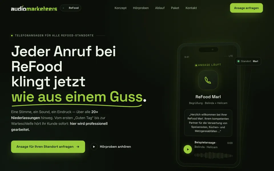 Website-Manufaktur-Demo-Seite für audiomarketeers · ReFood, Bielefeld