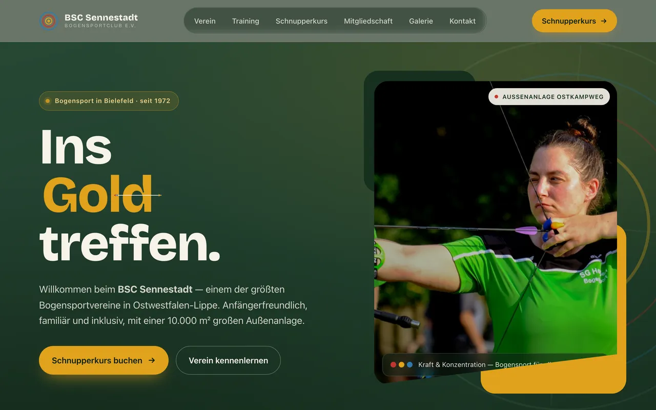 Neue Website-Manufaktur-Seite für den BSC Sennestadt: klares, mobiles Bogensport-Design.