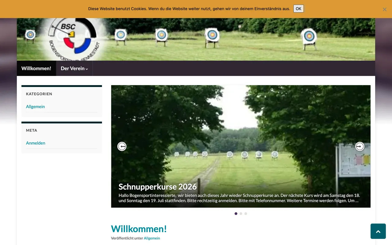 Alte Website des BSC Sennestadt: veraltetes WordPress-Layout mit Cookie-Banner.