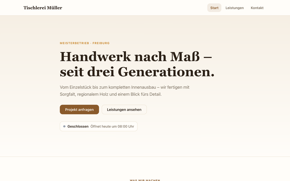 Website Manufaktur demo site for Tischlerei Müller, Freiburg