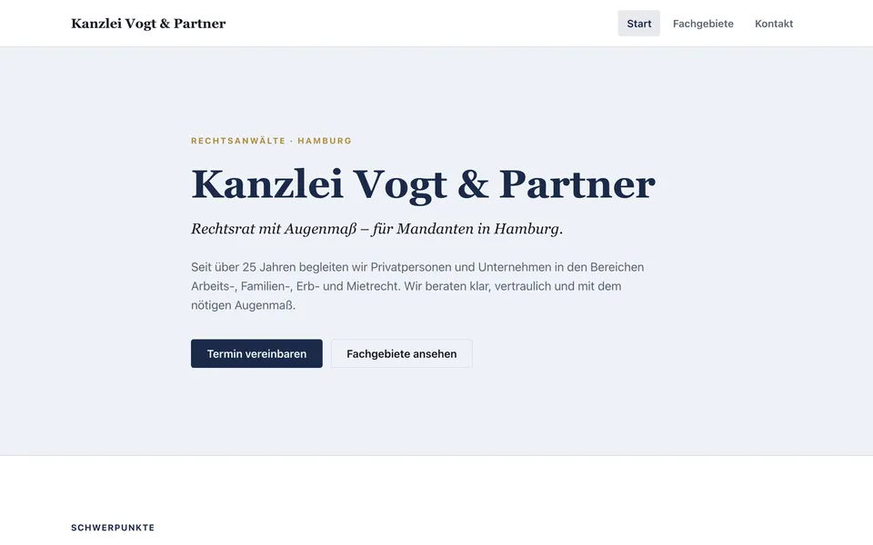 Website-Manufaktur-Demo-Seite für Kanzlei Vogt & Partner, Hamburg