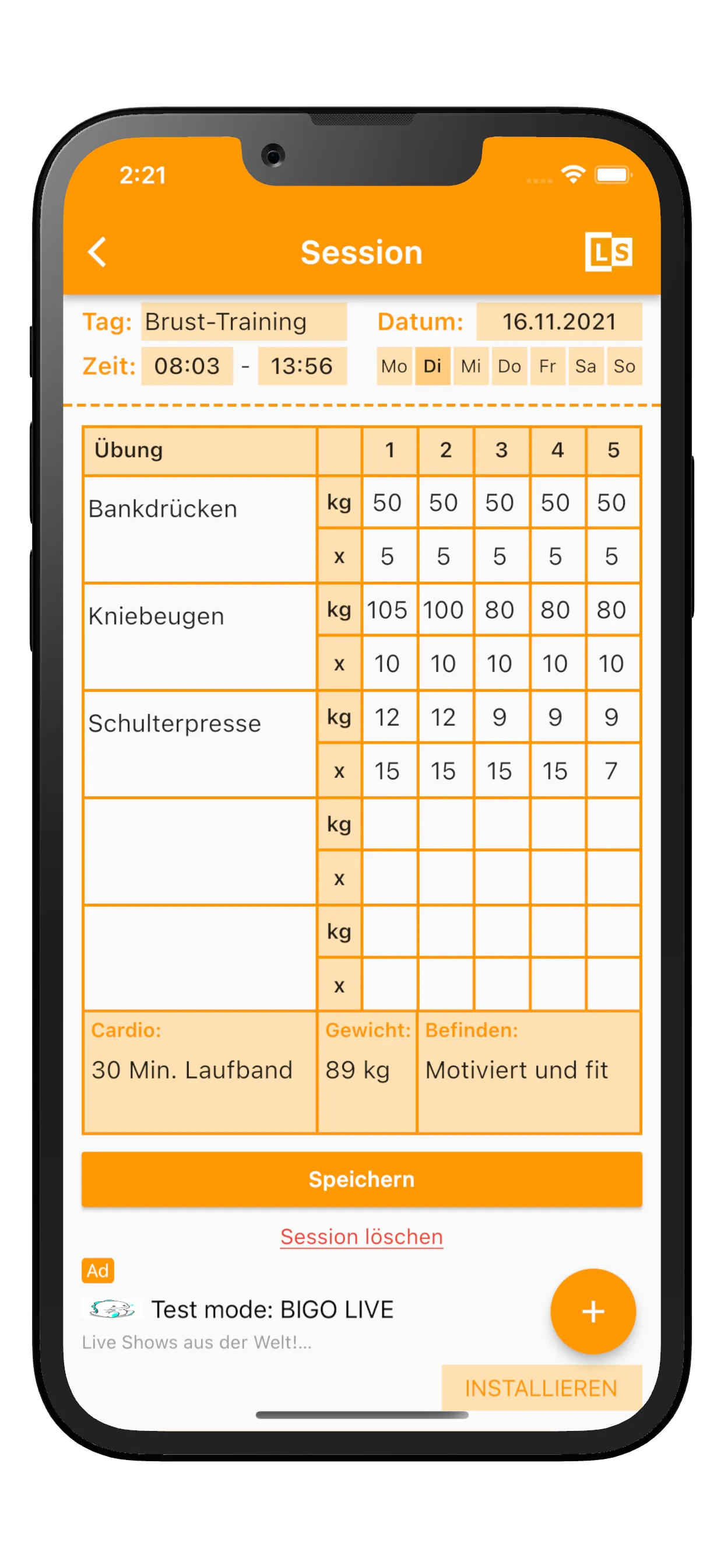 LS-Athletics — Trainings-Tagebuch mit Übungen und Fortschritt auf dem iPhone