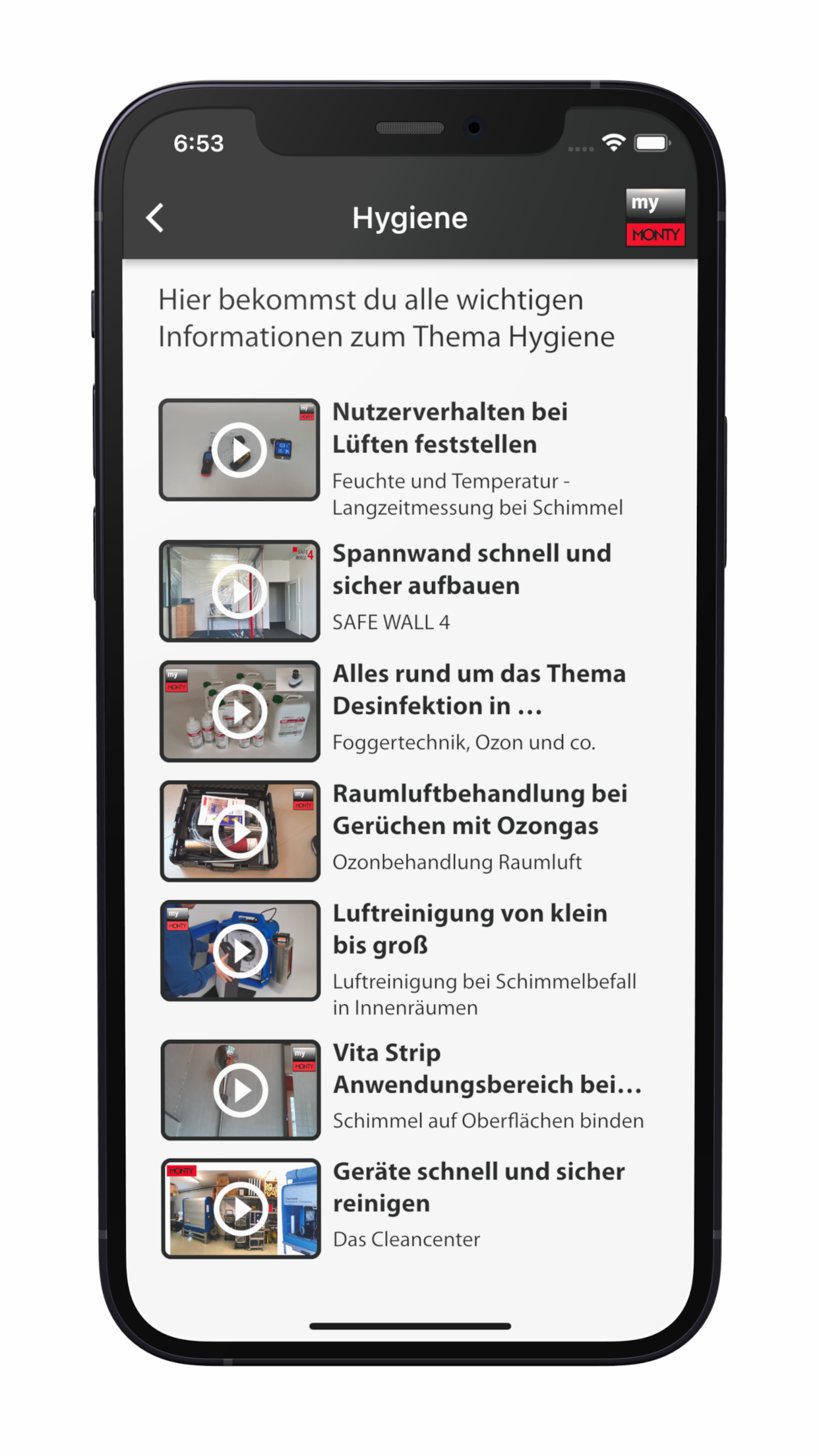 MyMonty — Liste der Erklärvideos zum Thema Hygiene auf dem iPhone