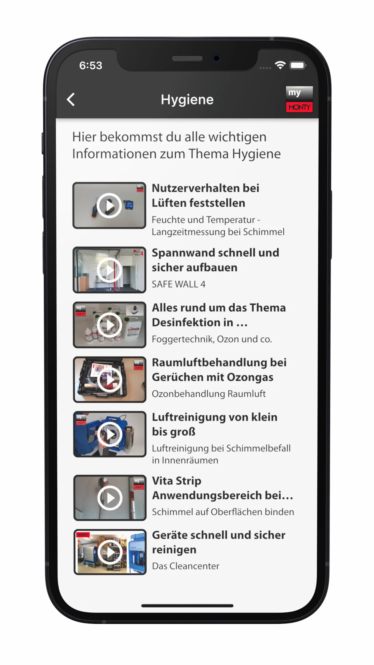 MyMonty — Liste der Erklärvideos zum Thema Hygiene auf dem iPhone