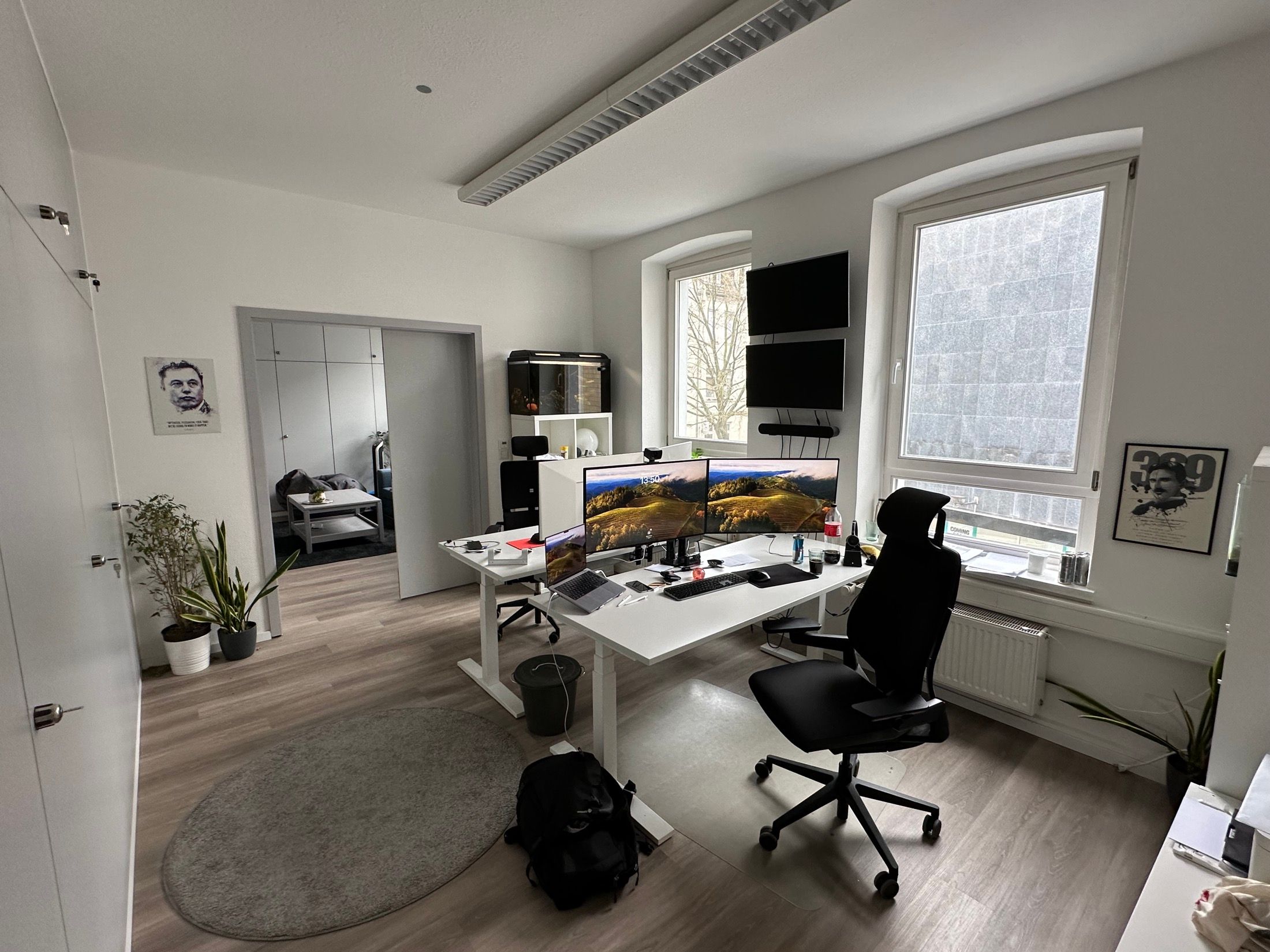 Bright workspace with ultrawide monitors, plants and height-adjustable desks