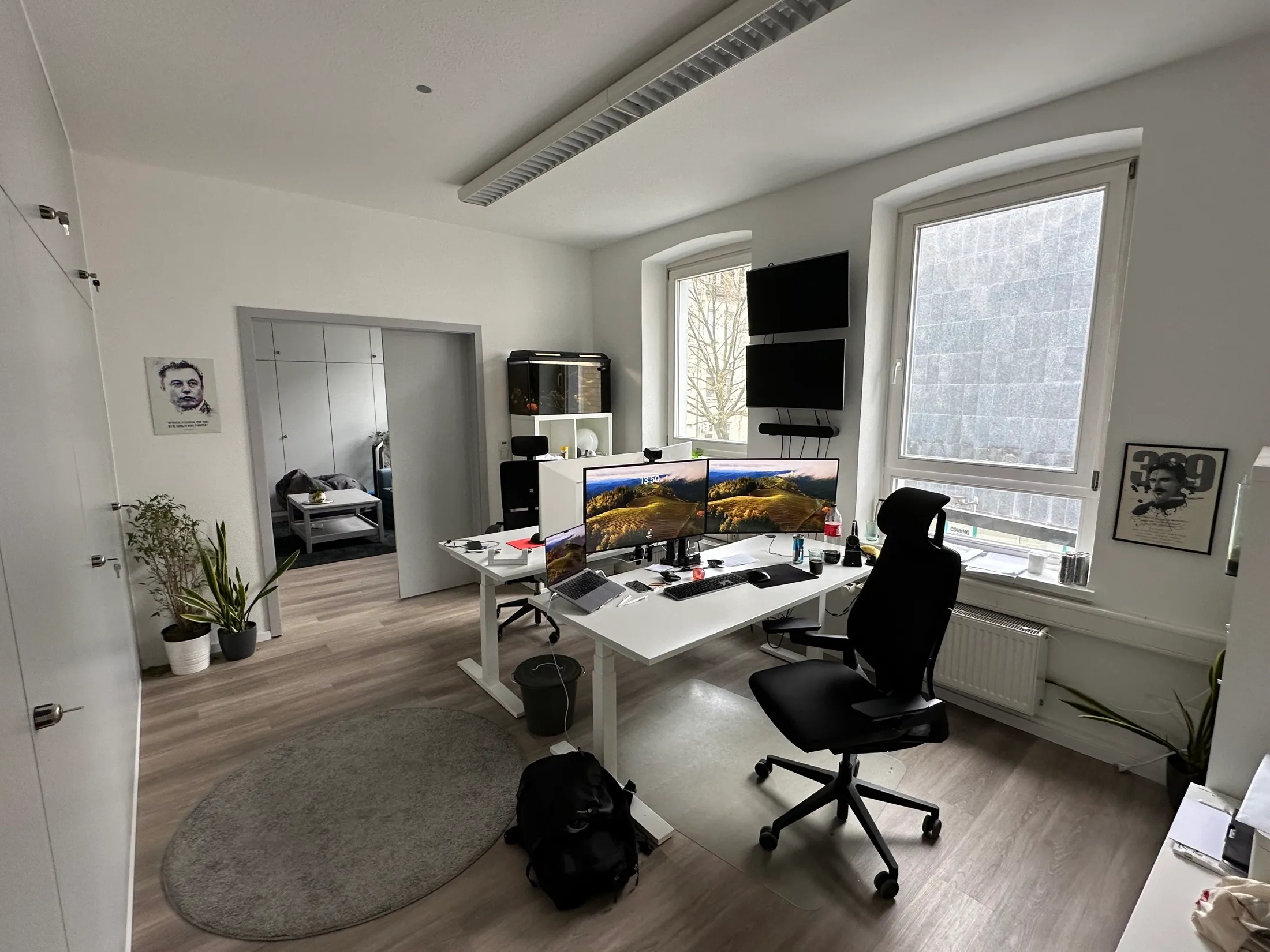 Heller Arbeitsraum mit Ultrawide-Monitoren, Pflanzen und höhenverstellbaren Tischen