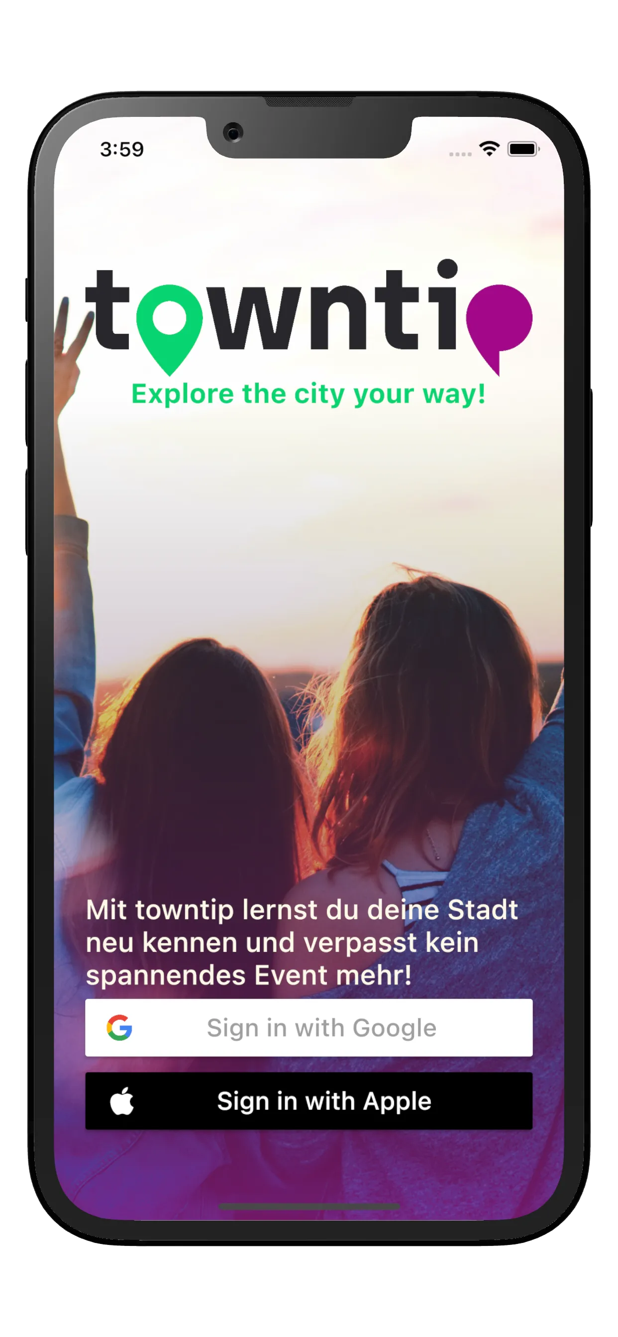 TownTip — Stadt-Entdecker-App mit Anmelde-Screen auf dem iPhone